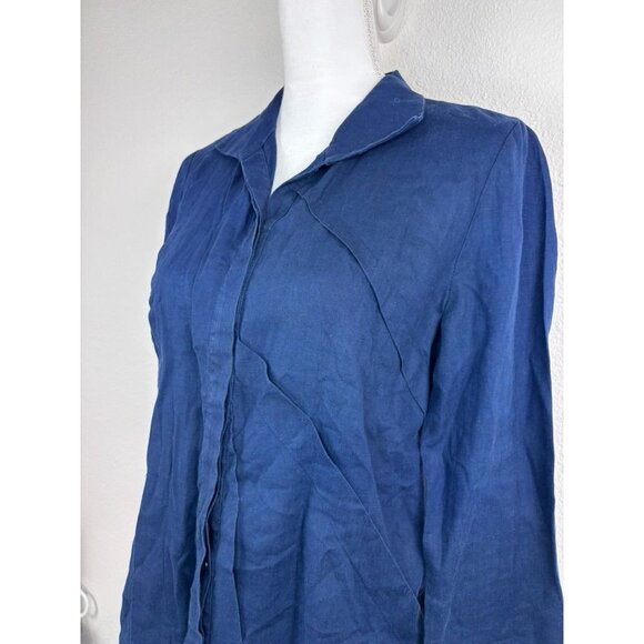 Lafayette 148 women's 6 navy blue linen pleated collared button down 3/4 sleeve - Picture 3 of 9